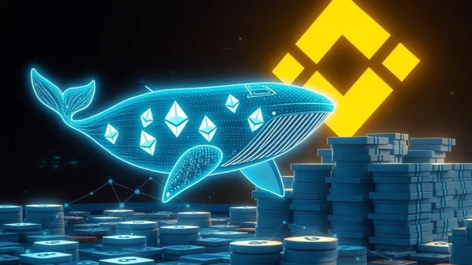 Strategic Ethereum Whale Makes Massive $98.6M ETH Withdrawal from Binance Digital visualization of an Ethereum whale moving large amounts of ETH from Binance, symbolizing significant crypto accumulation.