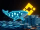 Digital visualization of an Ethereum whale moving large amounts of ETH from Binance, symbolizing significant crypto accumulation.