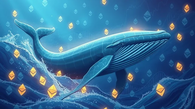 Digital whale symbolizing Ethereum whales making significant ETH accumulation during a market dip, highlighting strategic ETH investment.