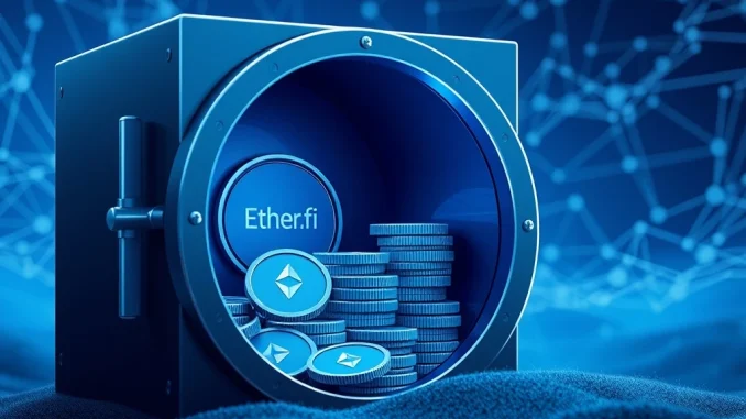A visual representation of the Ether.fi (ETHFI) token buyback mechanism, showing tokens being secured to stabilize the ecosystem.