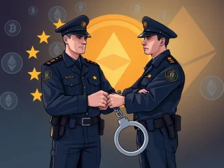 Law enforcement officers investigate a crypto fraud operation, symbolizing the EU crypto arrests and global effort against cryptocurrency scam schemes.