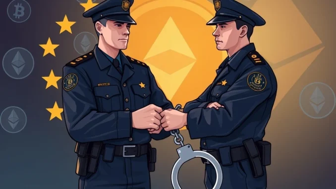Law enforcement officers investigate a crypto fraud operation, symbolizing the EU crypto arrests and global effort against cryptocurrency scam schemes.