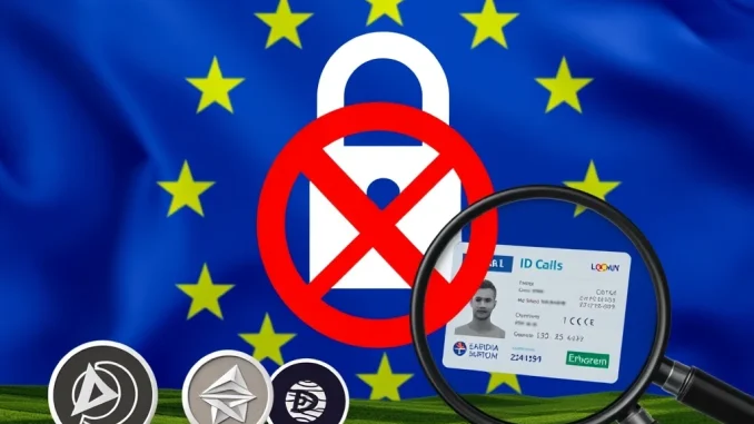 Visual representation of new EU crypto regulations, showing mandated ID checks and the impending privacy coins ban.