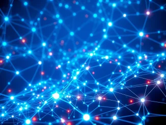 Illustrates Gensyn CodeZero's decentralized collaborative coding system, showing AI models interacting to solve complex problems on a blockchain network.