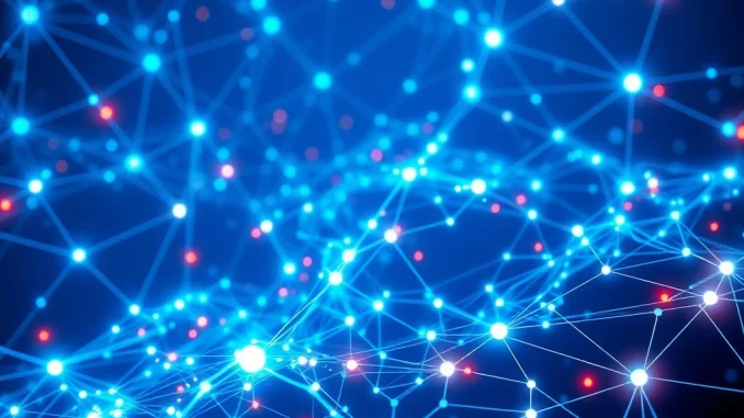 Illustrates Gensyn CodeZero's decentralized collaborative coding system, showing AI models interacting to solve complex problems on a blockchain network.