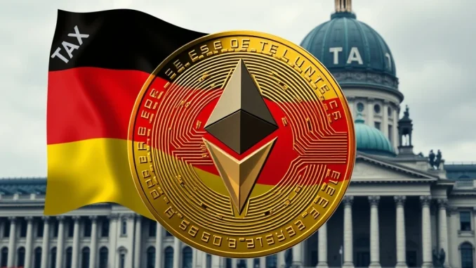A German flag superimposed on a digital coin, symbolizing the proposed German crypto tax changes.