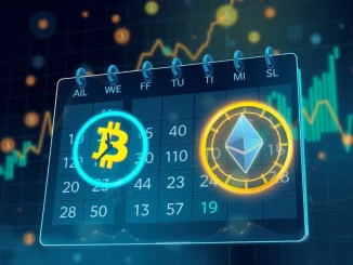A digital calendar highlighting key dates for the **global macroeconomic calendar**, with cryptocurrency symbols showing potential market impact.