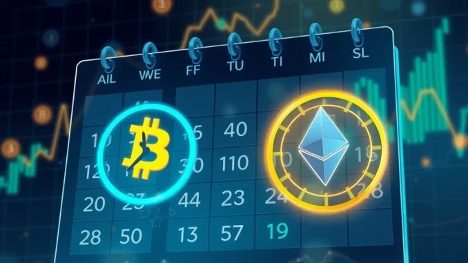 A digital calendar highlighting key dates for the **global macroeconomic calendar**, with cryptocurrency symbols showing potential market impact.