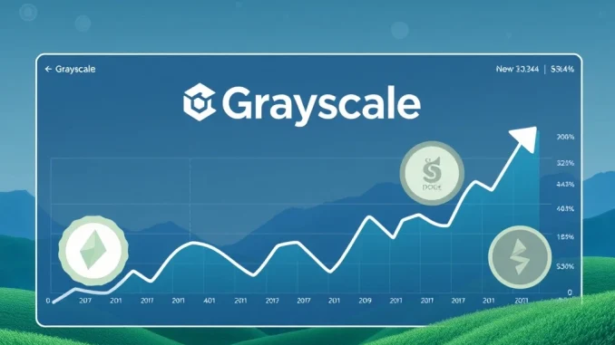 Grayscale XRP DOGE ETFs represented by digital currency symbols and financial charts, illustrating the new 0.34% management fee.