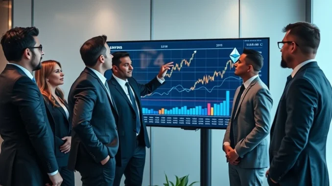 Professionals analyzing charts with crypto symbols, representing the growing hedge funds crypto investment trend.