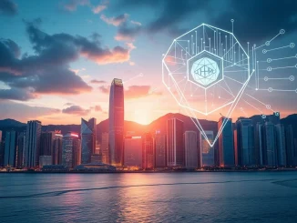 A digital representation of **HKMA tokenization** strategy, showing Hong Kong's skyline integrated with blockchain technology, symbolizing **fintech growth**.