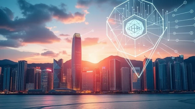 A digital representation of **HKMA tokenization** strategy, showing Hong Kong's skyline integrated with blockchain technology, symbolizing **fintech growth**.