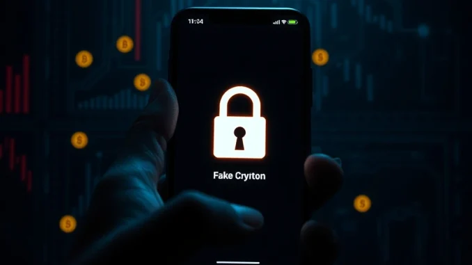 A warning sign on a mobile screen depicting a dangerous fake Hyperliquid app, cautioning users about a crypto scam.