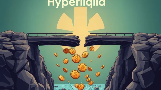 Hyperliquid USDC withdrawals halted, showing digital coins falling from a broken bridge, symbolizing the $4.9M crypto market loss.