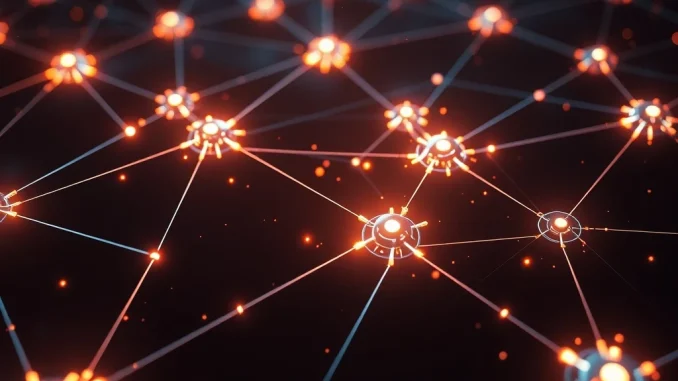 Abstract digital network illustrating the Injective EVM mainnet's high-speed, interoperable transactions across a MultiVM network.