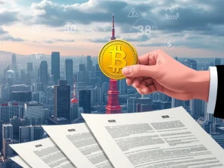 Illustrative image of **Japan crypto regulation**, showing digital assets and legal documents under the watchful eye of the FSA, signifying new oversight.