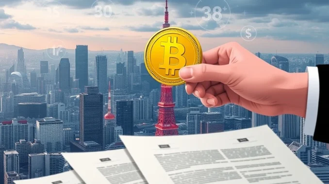 Illustrative image of **Japan crypto regulation**, showing digital assets and legal documents under the watchful eye of the FSA, signifying new oversight.