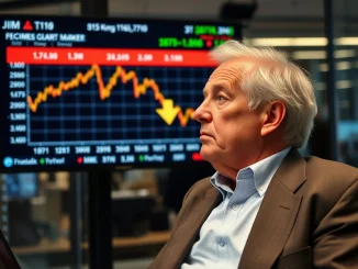 Veteran investor Jim Rogers analyzing a declining US stock market chart, signaling his bearish market outlook and readiness for short selling.