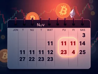 Economic calendar highlighting **key financial events** from Nov 11-14, with market charts and crypto symbols, indicating potential **crypto market impact**.