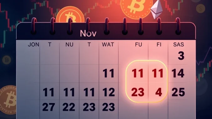 Economic calendar highlighting **key financial events** from Nov 11-14, with market charts and crypto symbols, indicating potential **crypto market impact**.