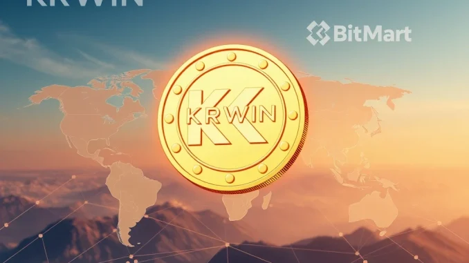 KRWIN stablecoin logo prominently displayed with the BitMart exchange interface, symbolizing its debut and expansion into the global stablecoin market.