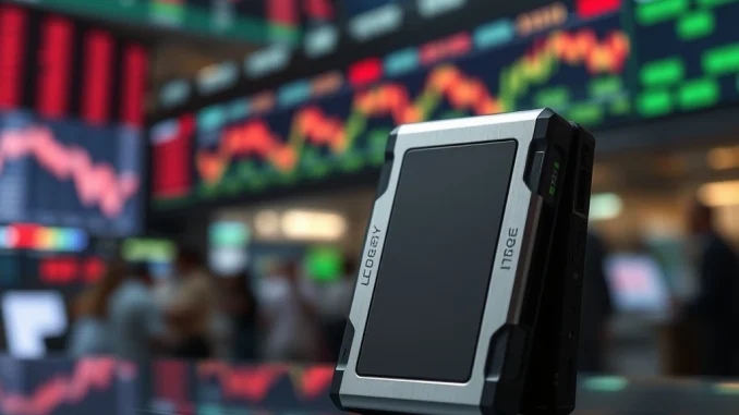 Ledger hardware wallet on a stock chart, illustrating the company's strategic move towards a US IPO and secure digital asset management.