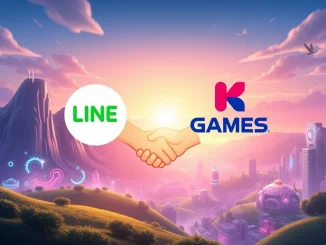 Two company logos merging, symbolizing the potential Line acquisition of Kakao Games and a major gaming merger.