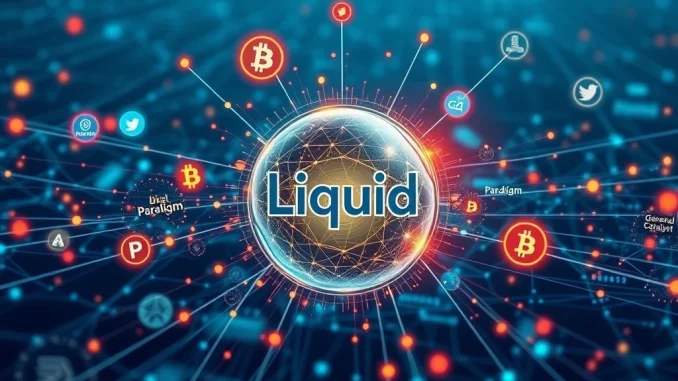 Digital currency flowing into a 'Liquid' container, symbolizing the DEX aggregator Liquid receiving significant seed funding for growth.