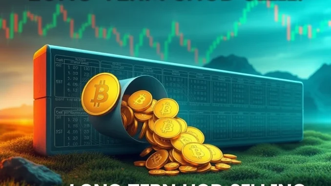 Visualizing long-term BTC holders liquidating 371,584 Bitcoin, showing significant shifts in crypto investor behavior.