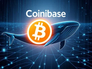 A digital whale symbolizing a large Bitcoin transfer, highlighting significant BTC movement from Coinbase to an unknown wallet.