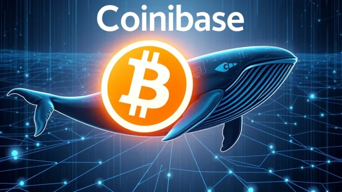 A digital whale symbolizing a large Bitcoin transfer, highlighting significant BTC movement from Coinbase to an unknown wallet.