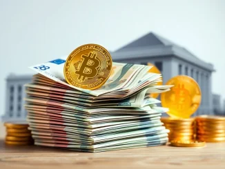 Euro banknotes transforming into Bitcoin symbols, illustrating MicroStrategy's innovative euro-denominated stock offering for BTC purchases.