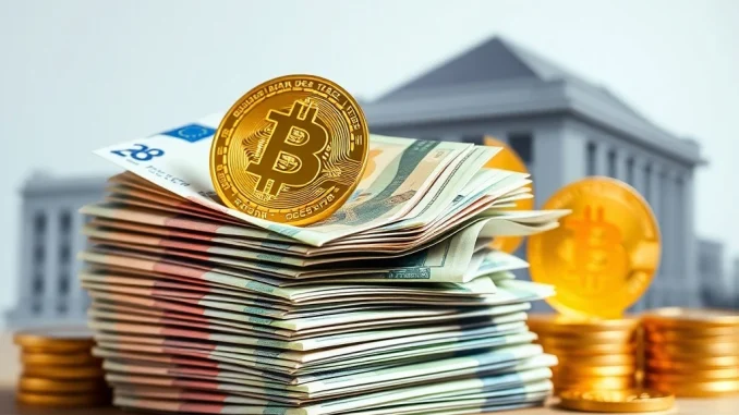 Euro banknotes transforming into Bitcoin symbols, illustrating MicroStrategy's innovative euro-denominated stock offering for BTC purchases.