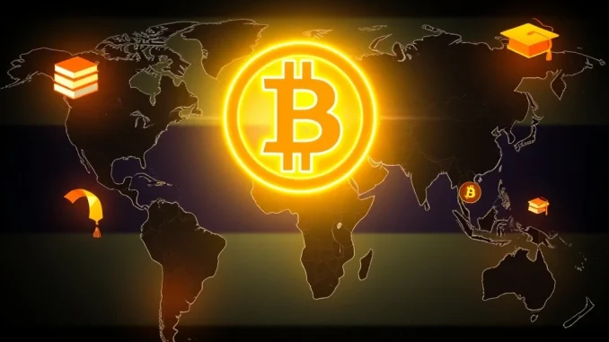 My First Bitcoin Unveils Crucial Global Rebrand After El Salvador Partnership Shift A global map with Bitcoin logo and educational symbols, representing My First Bitcoin's transformative rebrand and global reach.