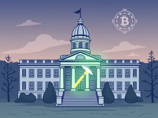 New Hampshire State House with blockchain elements, representing the delay of the New Hampshire crypto mining bill.