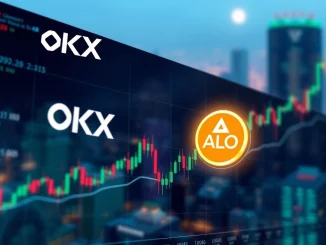Digital screen showing the OKX ALLO listing on a trading platform, highlighting new spot trading opportunities for investors.
