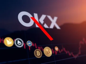 A digital representation of various cryptocurrency icons with some crossed out, signifying the **OKX delisting** of specific assets from its platform.