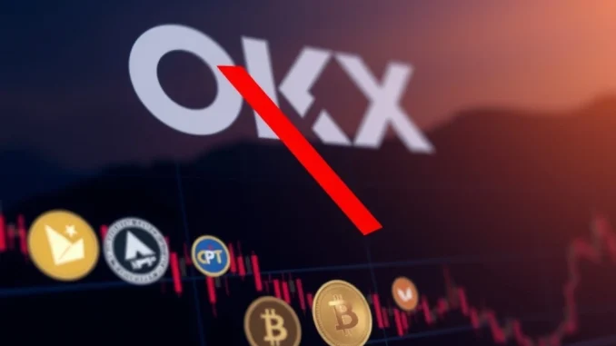 A digital representation of various cryptocurrency icons with some crossed out, signifying the **OKX delisting** of specific assets from its platform.