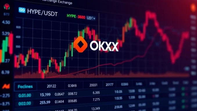 An OKX trading screen showing the HYPE/USDT pair, symbolizing the new OKX HYPE listing and the start of HYPE token spot trading.