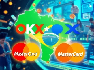 OKX Mastercard partnership logo overlaying a map of Brazil, symbolizing seamless stablecoin payments.