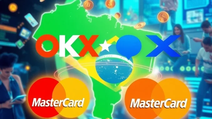 OKX Mastercard Partnership: Unlocking Stablecoin Payments in Brazil OKX Mastercard partnership logo overlaying a map of Brazil, symbolizing seamless stablecoin payments.