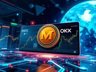 Digital representation of the OKX exchange platform with the MMT crypto token symbol, indicating a new listing for spot trading.