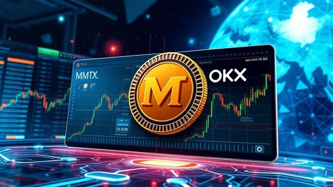 Major Opportunity: OKX Unveils MMT Crypto Token Listing for Spot Trading Digital representation of the OKX exchange platform with the MMT crypto token symbol, indicating a new listing for spot trading.