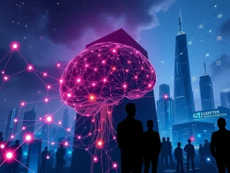 Sentient's open-source AGI network collaboratively rises against a towering, monopolistic Big Tech AI structure, symbolizing a new era.