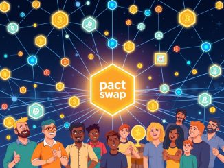 A cartoon illustration showing the innovative technology of Pact Swap facilitating secure and cheaper cross-chain transactions.