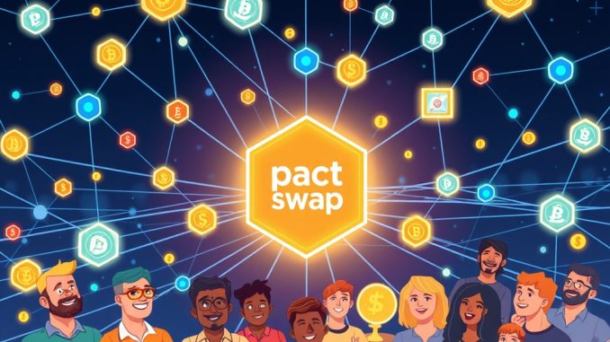 A cartoon illustration showing the innovative technology of Pact Swap facilitating secure and cheaper cross-chain transactions.