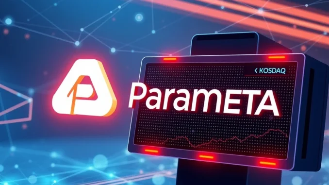 Parameta's logo prominently displayed against a KOSDAQ stock market backdrop, illustrating the blockchain company's upcoming listing.