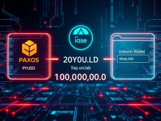 A digital graphic depicting a significant PYUSD transfer, showing a large sum moving from a Paxos wallet to an unknown crypto whale address.
