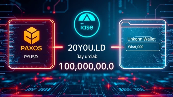 Massive PYUSD Transfer: $200 Million Moves from Paxos in Crucial Stablecoin Transaction A digital graphic depicting a significant PYUSD transfer, showing a large sum moving from a Paxos wallet to an unknown crypto whale address.