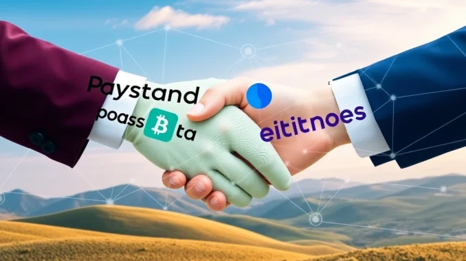 Two company logos, Paystand and Bitwage, merge with blockchain lines, representing the Paystand Bitwage acquisition and its impact on crypto payments.